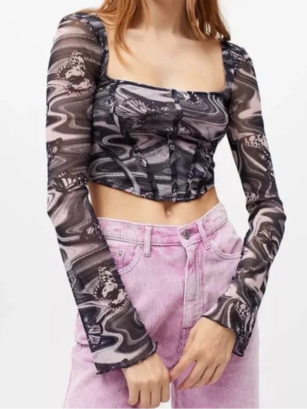 Urban Outfitters Purple Butterfly Sheer Mesh Long-Sleeve Corset Crop Top Size S
